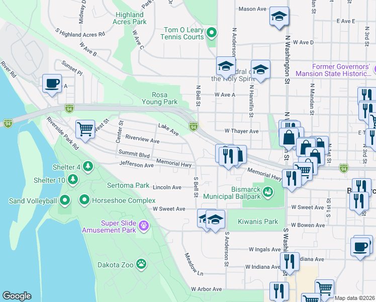 map of restaurants, bars, coffee shops, grocery stores, and more near 28 Summit Boulevard in Bismarck