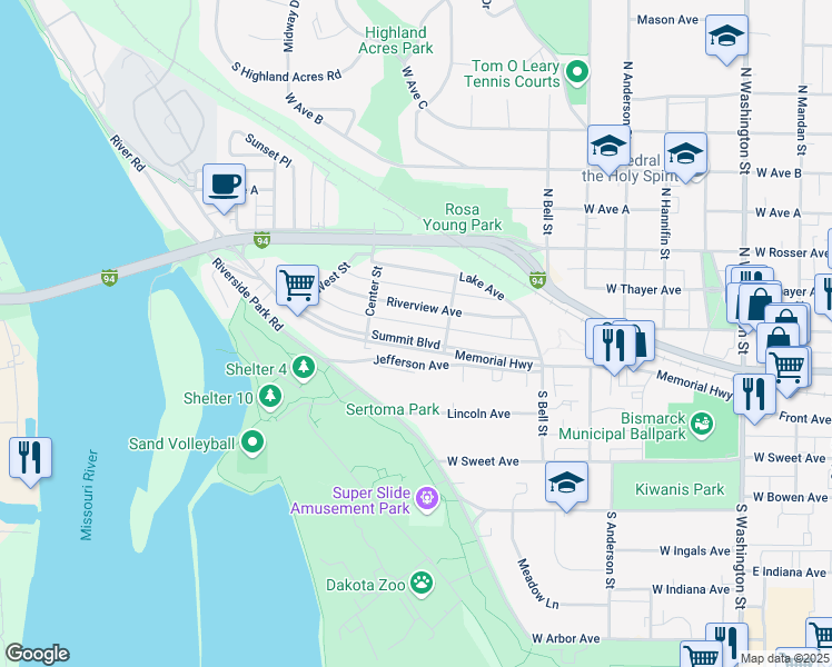 map of restaurants, bars, coffee shops, grocery stores, and more near 1026 Summit Boulevard in Bismarck