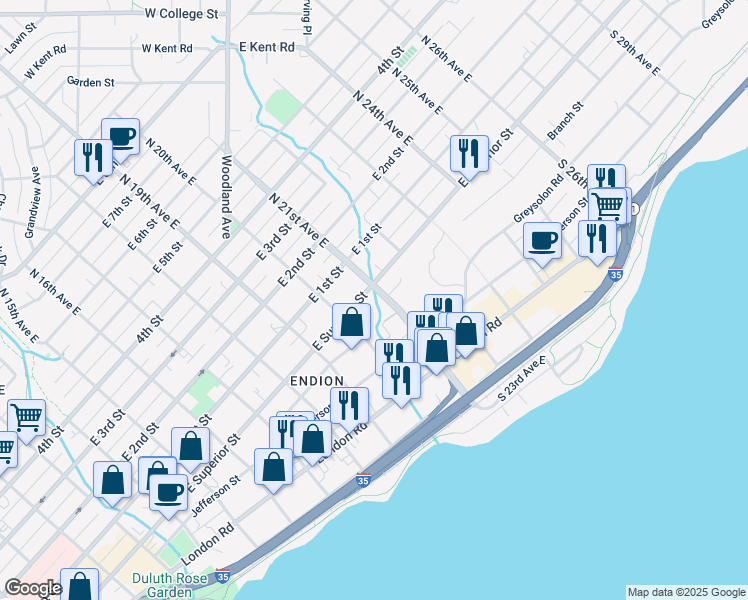 map of restaurants, bars, coffee shops, grocery stores, and more near 2020 Greysolon Road in Duluth