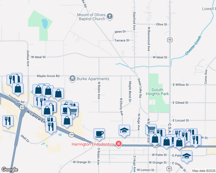 map of restaurants, bars, coffee shops, grocery stores, and more near 818 North Robin Avenue in Duluth