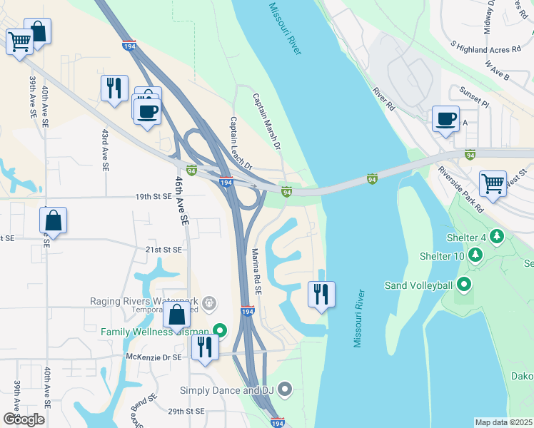 map of restaurants, bars, coffee shops, grocery stores, and more near 2102 Marina Road Southeast in Mandan