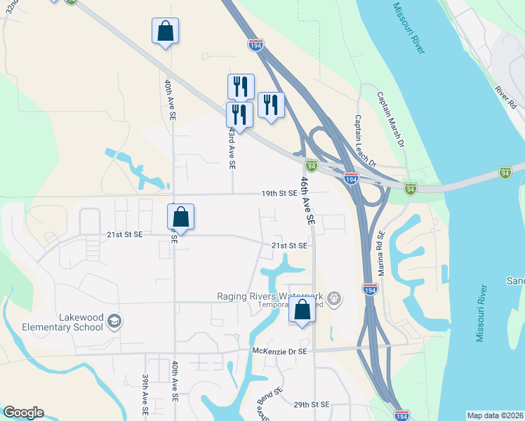 map of restaurants, bars, coffee shops, grocery stores, and more near 2121 21st Street Southeast in Mandan