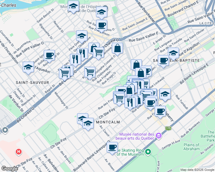map of restaurants, bars, coffee shops, grocery stores, and more near Côte de l'Aqueduc in Québec
