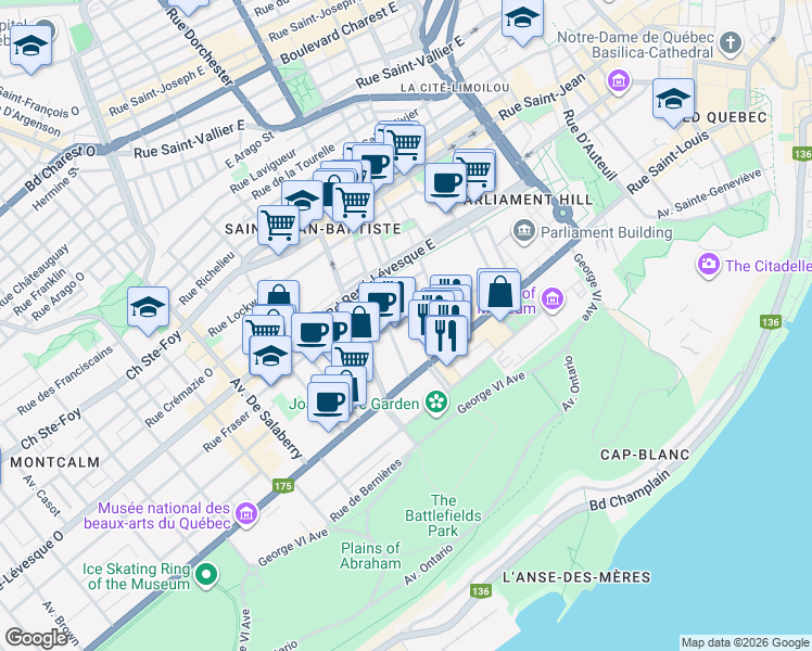 map of restaurants, bars, coffee shops, grocery stores, and more near 545 Rue Jacques-Parizeau in Québec