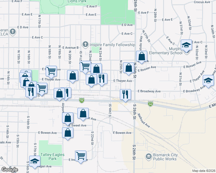 map of restaurants, bars, coffee shops, grocery stores, and more near 2303 E Broadway Ave in Bismarck