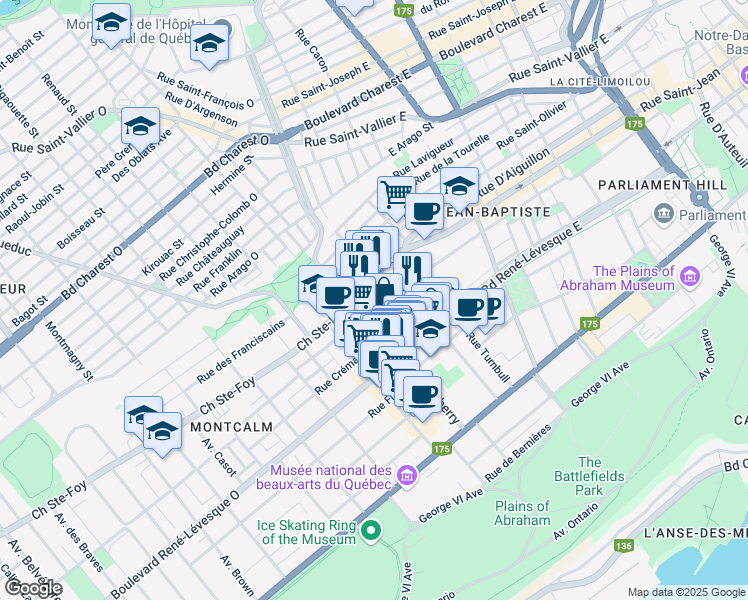 map of restaurants, bars, coffee shops, grocery stores, and more near 20 Rue Lockwell in Ville de Québec
