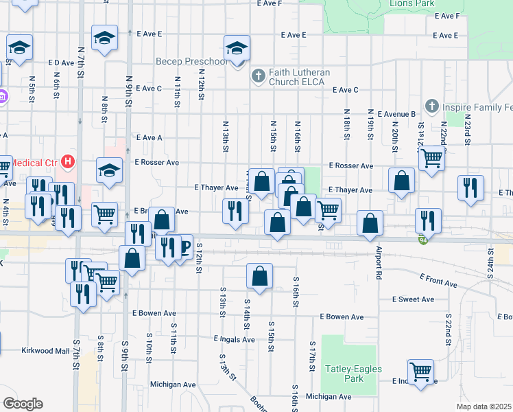 map of restaurants, bars, coffee shops, grocery stores, and more near 1400 East Main Avenue in Bismarck