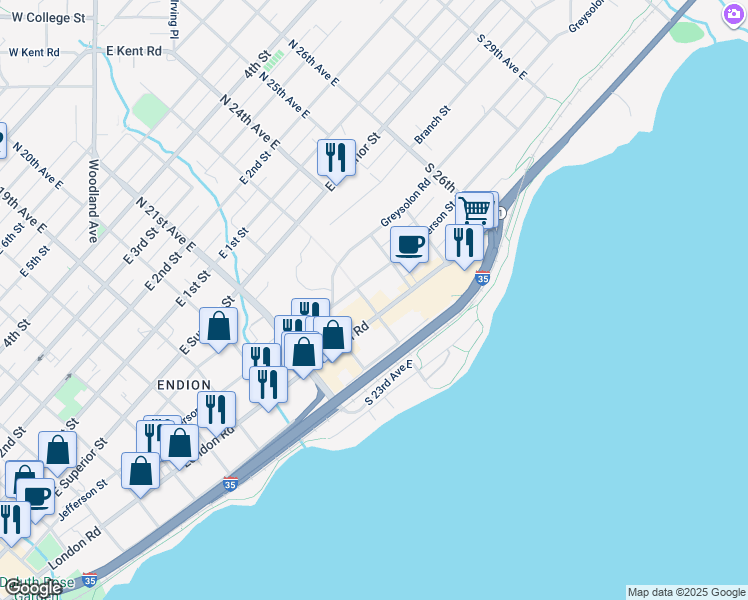 map of restaurants, bars, coffee shops, grocery stores, and more near 2211 London Road in Duluth