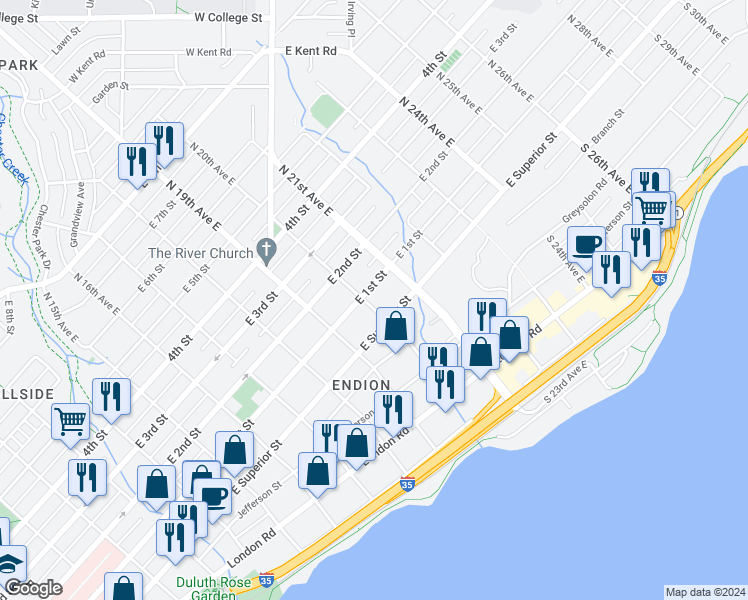 map of restaurants, bars, coffee shops, grocery stores, and more near 1914 East 1st Street in Duluth