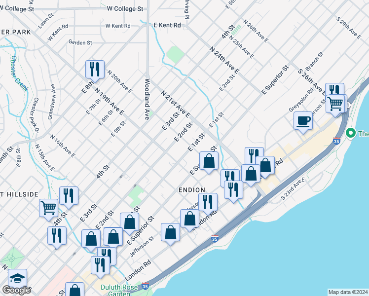 map of restaurants, bars, coffee shops, grocery stores, and more near 1914 East 1st Street in Duluth