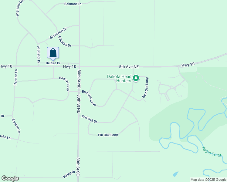 map of restaurants, bars, coffee shops, grocery stores, and more near Burr Oak Loop in Burleigh County