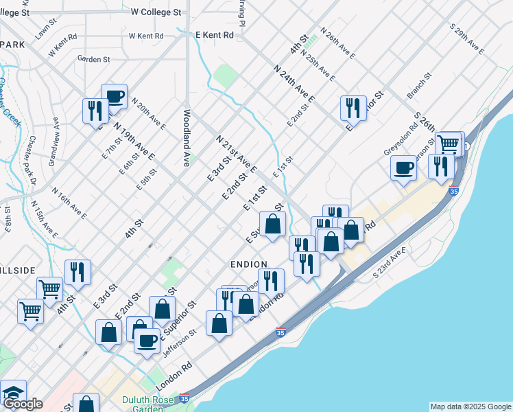 map of restaurants, bars, coffee shops, grocery stores, and more near 2002 East 1st Street in Duluth