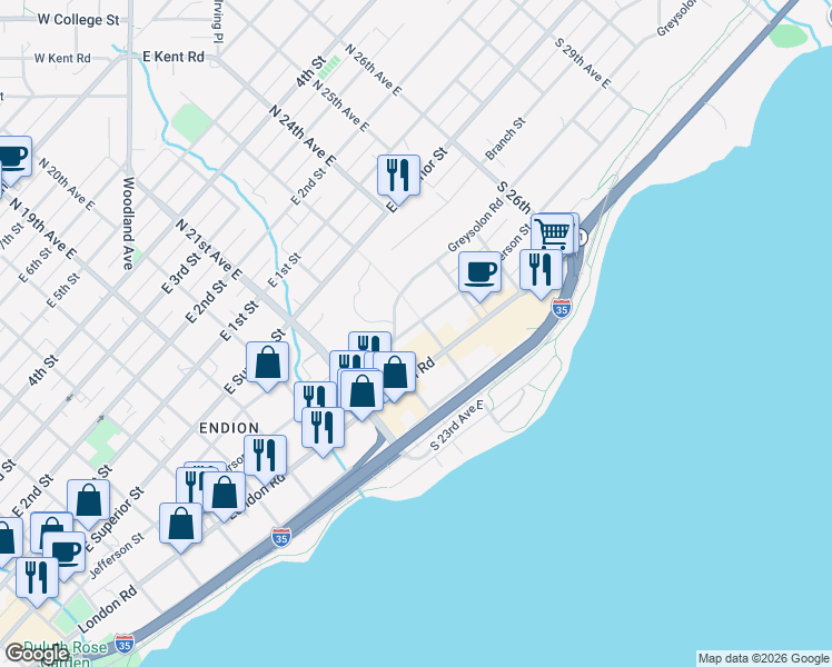 map of restaurants, bars, coffee shops, grocery stores, and more near 2228 Jefferson Street in Duluth