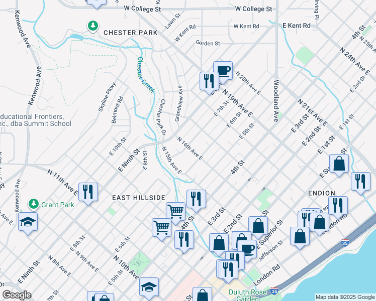 map of restaurants, bars, coffee shops, grocery stores, and more near 1503 East 7th Street in Duluth