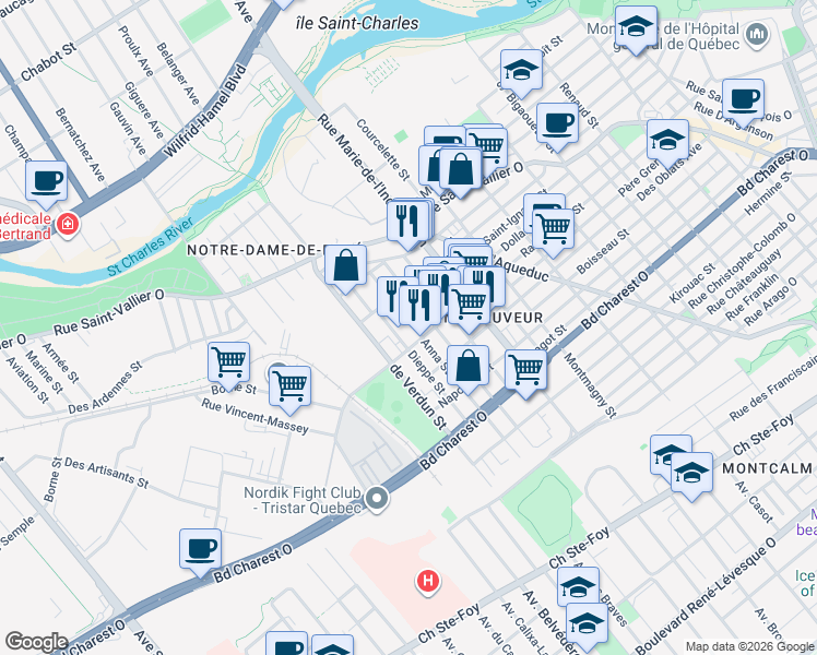 map of restaurants, bars, coffee shops, grocery stores, and more near 276 Rue Anna in Québec