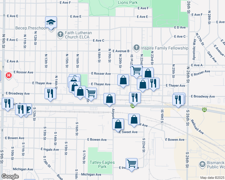 map of restaurants, bars, coffee shops, grocery stores, and more near 1921 East Broadway Avenue in Bismarck