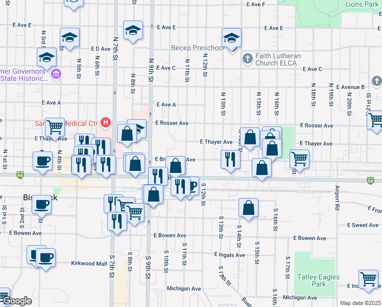map of restaurants, bars, coffee shops, grocery stores, and more near 1120 East Main Avenue in Bismarck