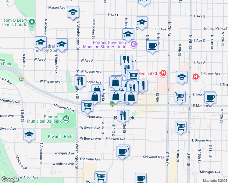 map of restaurants, bars, coffee shops, grocery stores, and more near 116 North 2nd Street in Bismarck