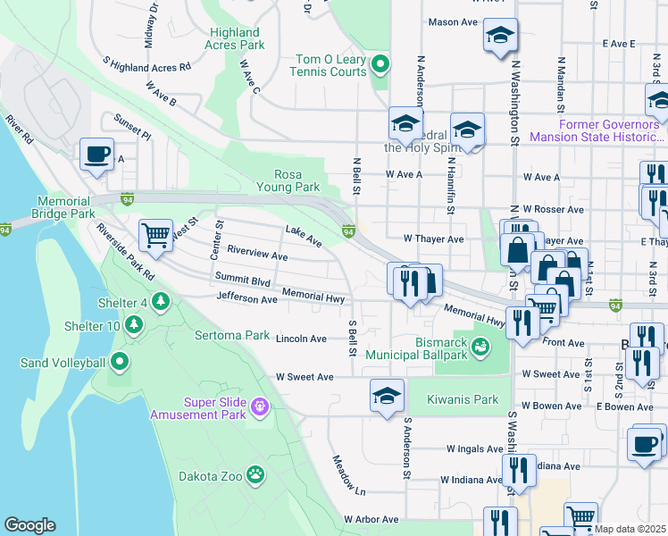 map of restaurants, bars, coffee shops, grocery stores, and more near 28 Summit Boulevard in Bismarck
