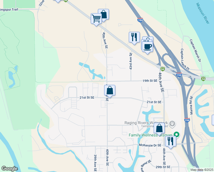 map of restaurants, bars, coffee shops, grocery stores, and more near 2201 40th Avenue Southeast in Mandan
