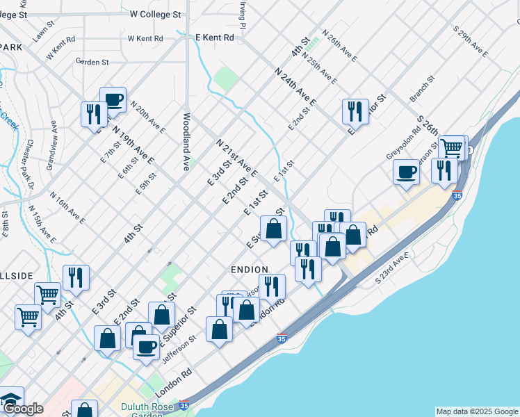 map of restaurants, bars, coffee shops, grocery stores, and more near 1914 East 1st Street in Duluth