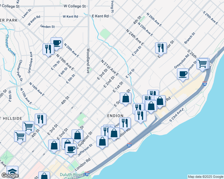 map of restaurants, bars, coffee shops, grocery stores, and more near 1914 East 1st Street in Duluth