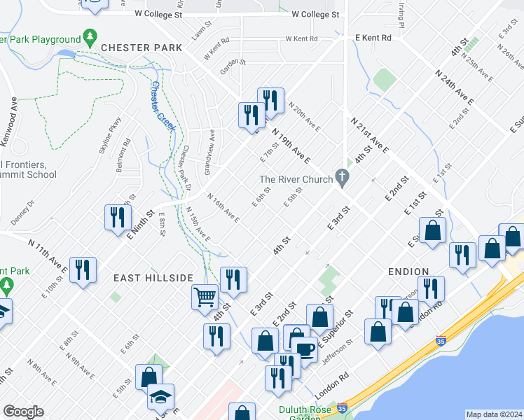 map of restaurants, bars, coffee shops, grocery stores, and more near 1611 East 5th Street in Duluth