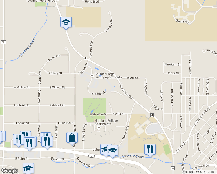 map of restaurants, bars, coffee shops, grocery stores, and more near 802 Boulder Drive in Hermantown