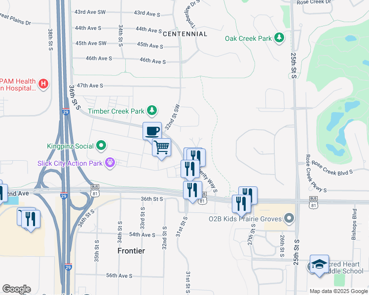 map of restaurants, bars, coffee shops, grocery stores, and more near 5020 Prosperity Way South in Fargo