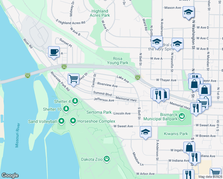 map of restaurants, bars, coffee shops, grocery stores, and more near 1000 Summit Boulevard in Bismarck