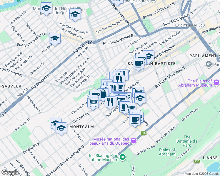 map of restaurants, bars, coffee shops, grocery stores, and more near 102 Chemin Sainte-Foy in Québec