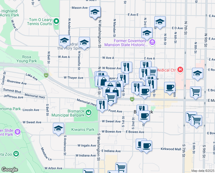 map of restaurants, bars, coffee shops, grocery stores, and more near 212 West Broadway Avenue in Bismarck