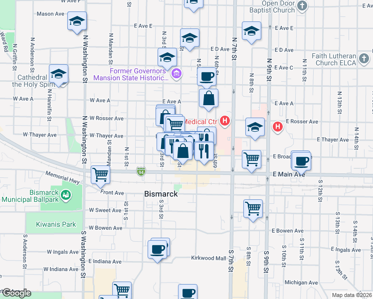 map of restaurants, bars, coffee shops, grocery stores, and more near in Bismarck
