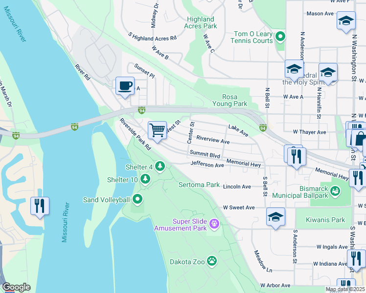 map of restaurants, bars, coffee shops, grocery stores, and more near 1100-1106 Riverview Avenue in Bismarck
