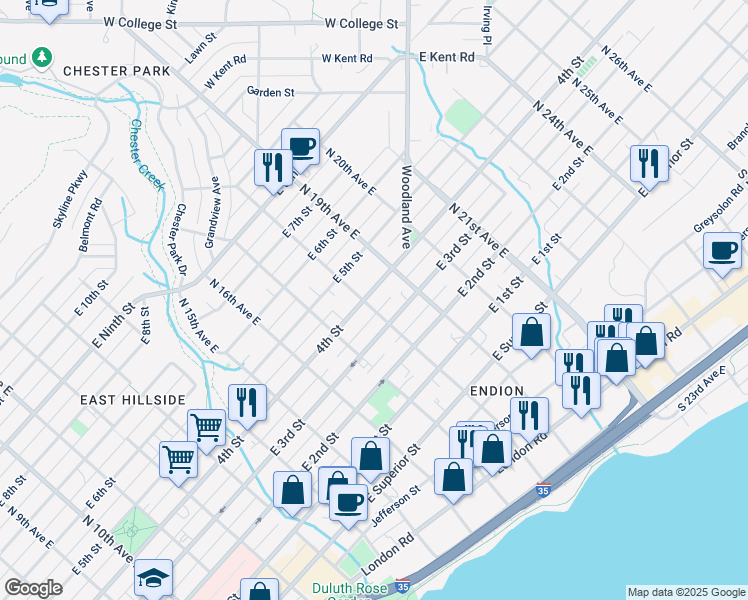 map of restaurants, bars, coffee shops, grocery stores, and more near 1830 East 4th Street in Duluth