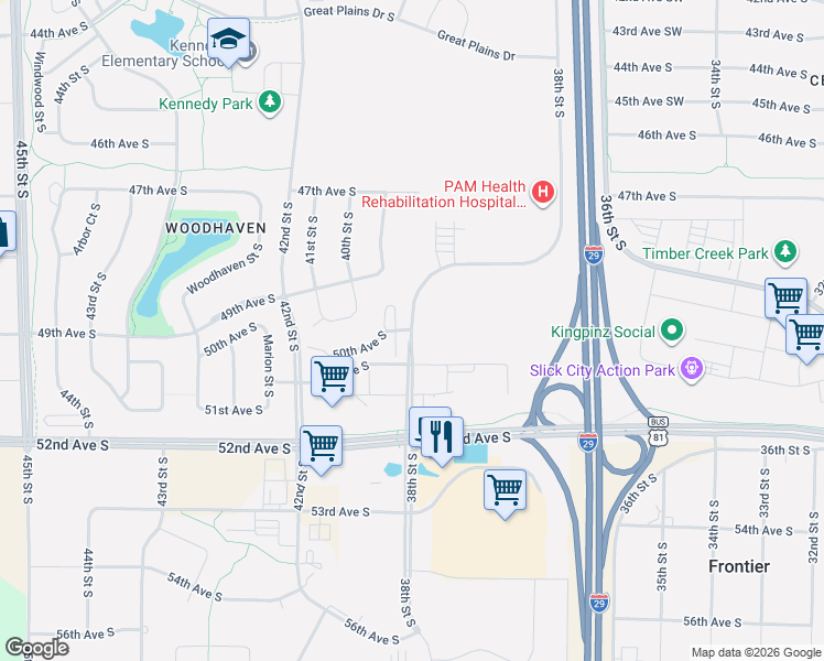 map of restaurants, bars, coffee shops, grocery stores, and more near 4926-5152 38th Street Southwest in Fargo