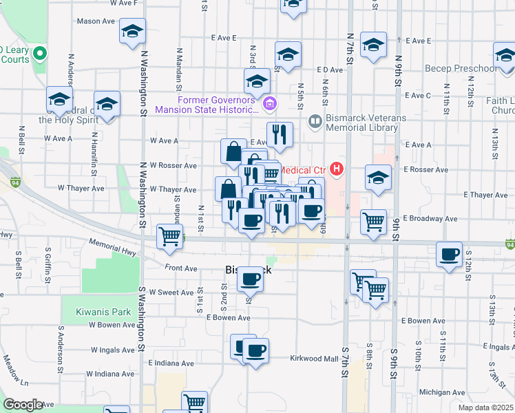 map of restaurants, bars, coffee shops, grocery stores, and more near 304 East Broadway Avenue in Bismarck