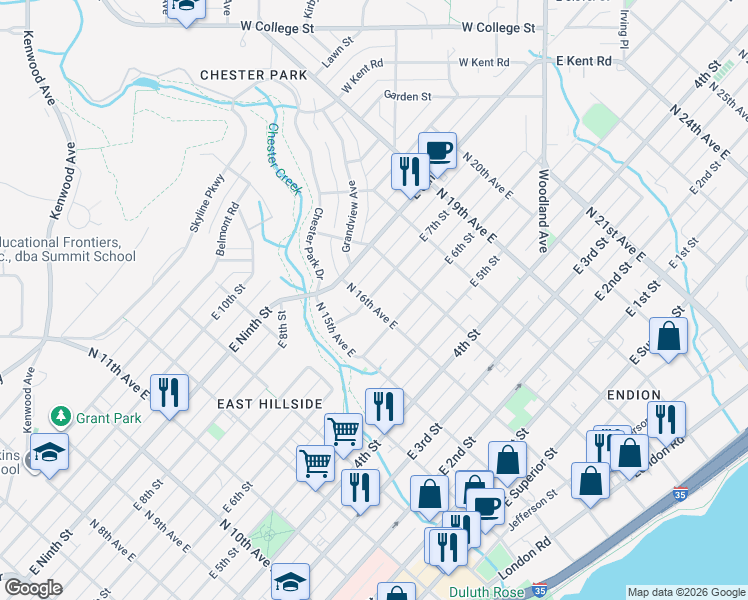 map of restaurants, bars, coffee shops, grocery stores, and more near 1624 East 7th Street in Duluth