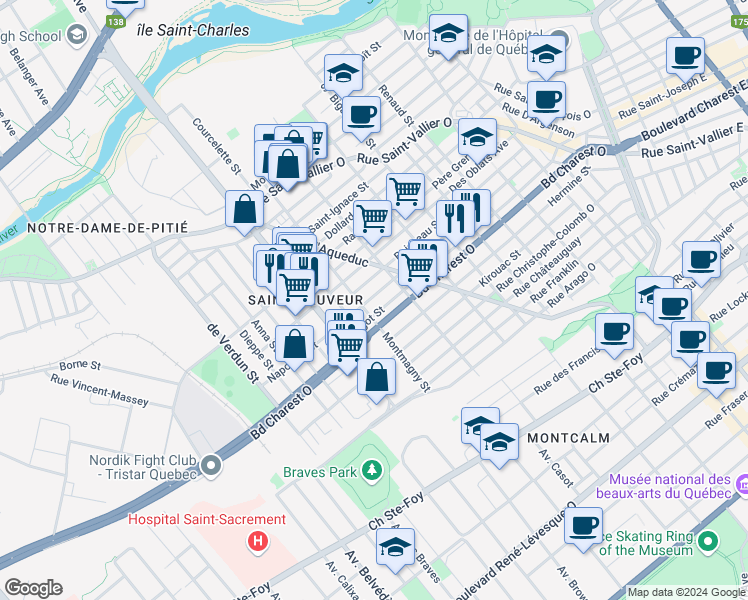 map of restaurants, bars, coffee shops, grocery stores, and more near 637 Rue Napoléon in Québec