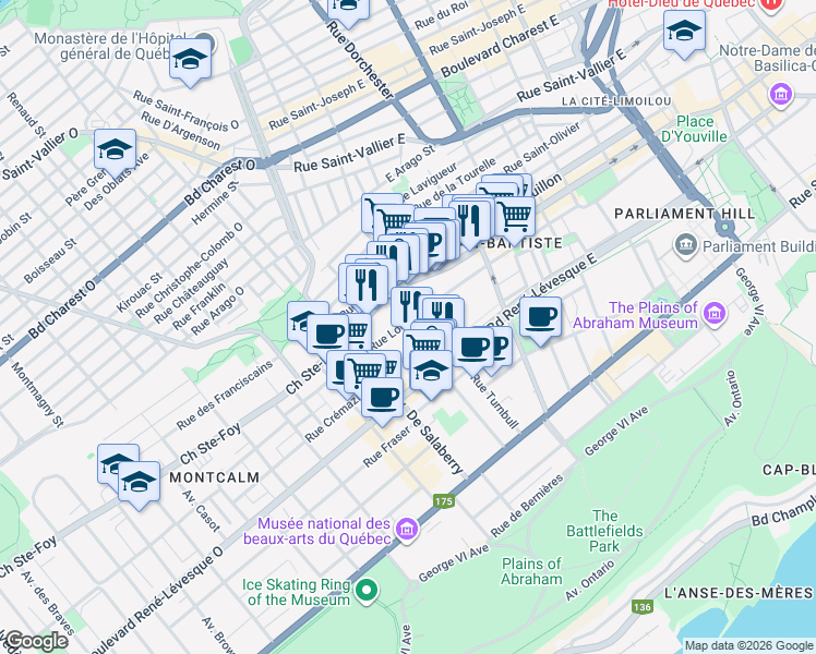 map of restaurants, bars, coffee shops, grocery stores, and more near 157 Rue Lockwell in Ville de Québec