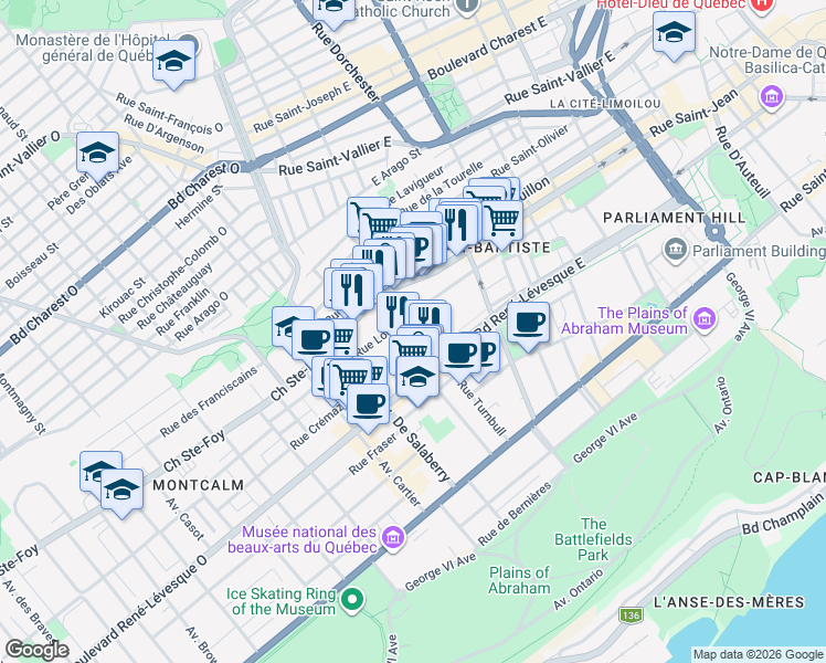 map of restaurants, bars, coffee shops, grocery stores, and more near 930 Avenue Turnbull in Québec