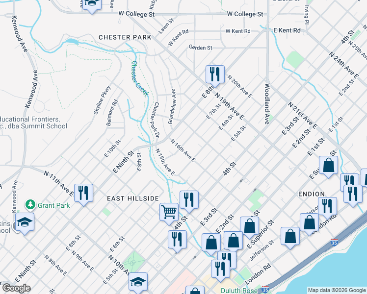 map of restaurants, bars, coffee shops, grocery stores, and more near 1624 East 7th Street in Duluth