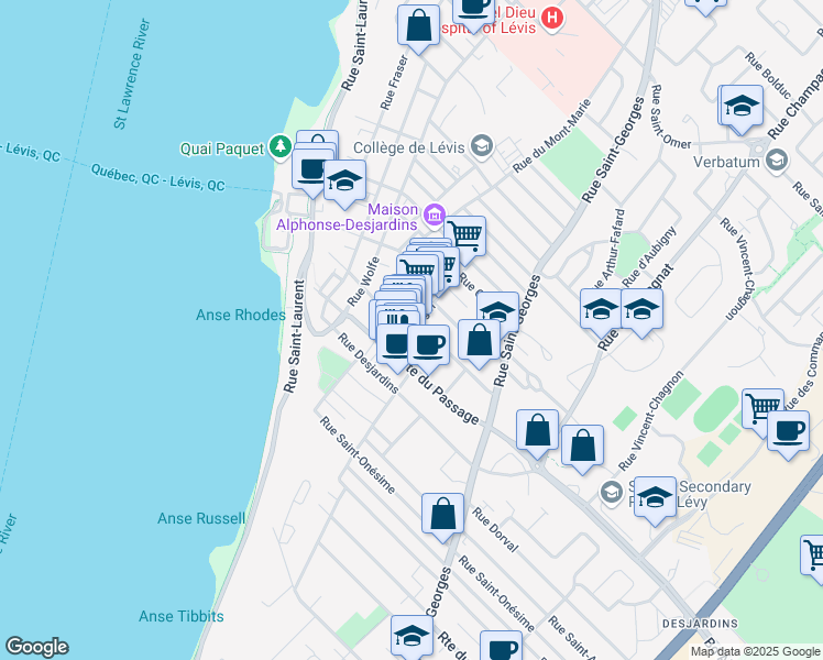map of restaurants, bars, coffee shops, grocery stores, and more near 14a Avenue Bégin in Lévis
