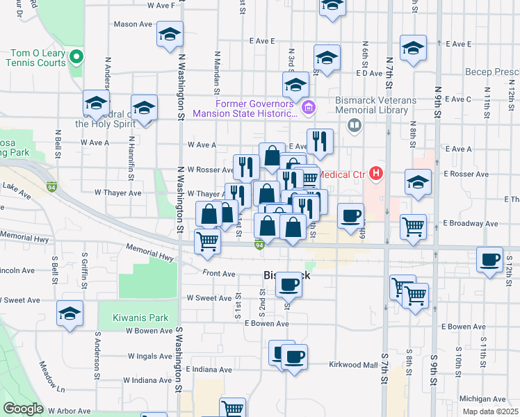 map of restaurants, bars, coffee shops, grocery stores, and more near 116 North 2nd Street in Bismarck