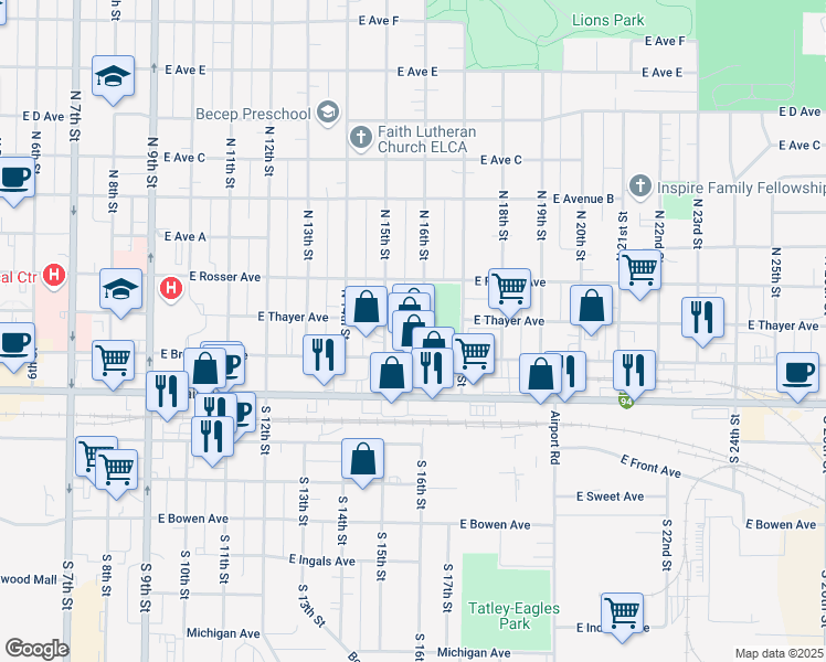 map of restaurants, bars, coffee shops, grocery stores, and more near 1514 East Thayer Avenue in Bismarck