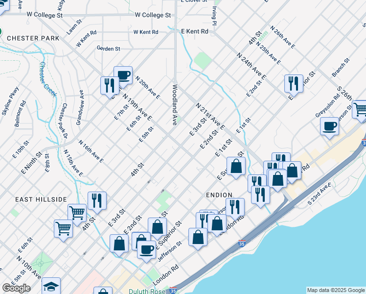 map of restaurants, bars, coffee shops, grocery stores, and more near 1911 East 3rd Street in Duluth