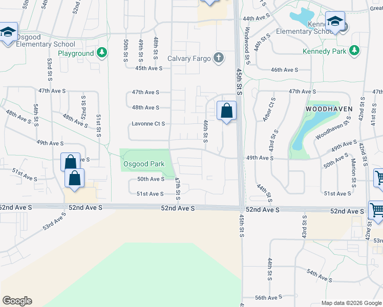 map of restaurants, bars, coffee shops, grocery stores, and more near 4685 49th Avenue South in Fargo