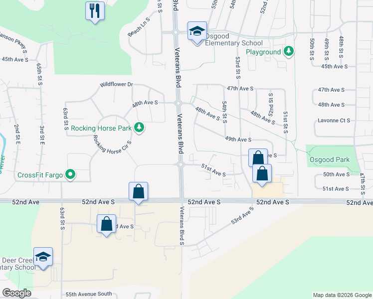 map of restaurants, bars, coffee shops, grocery stores, and more near Veterans Boulevard in Fargo