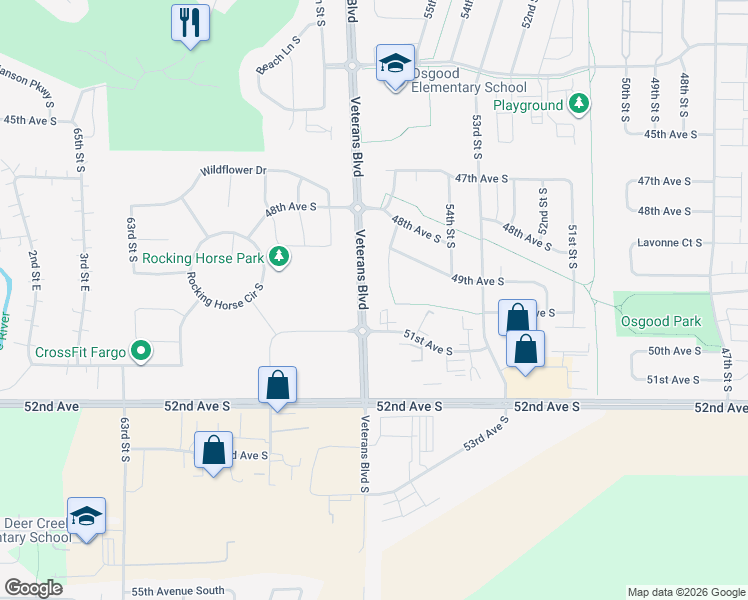 map of restaurants, bars, coffee shops, grocery stores, and more near Veterans Boulevard in Fargo