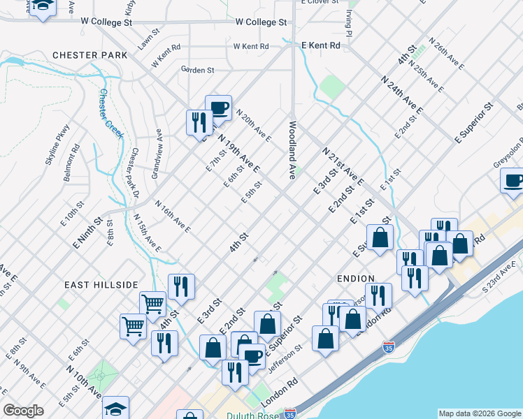 map of restaurants, bars, coffee shops, grocery stores, and more near 1801 East 4th Street in Duluth